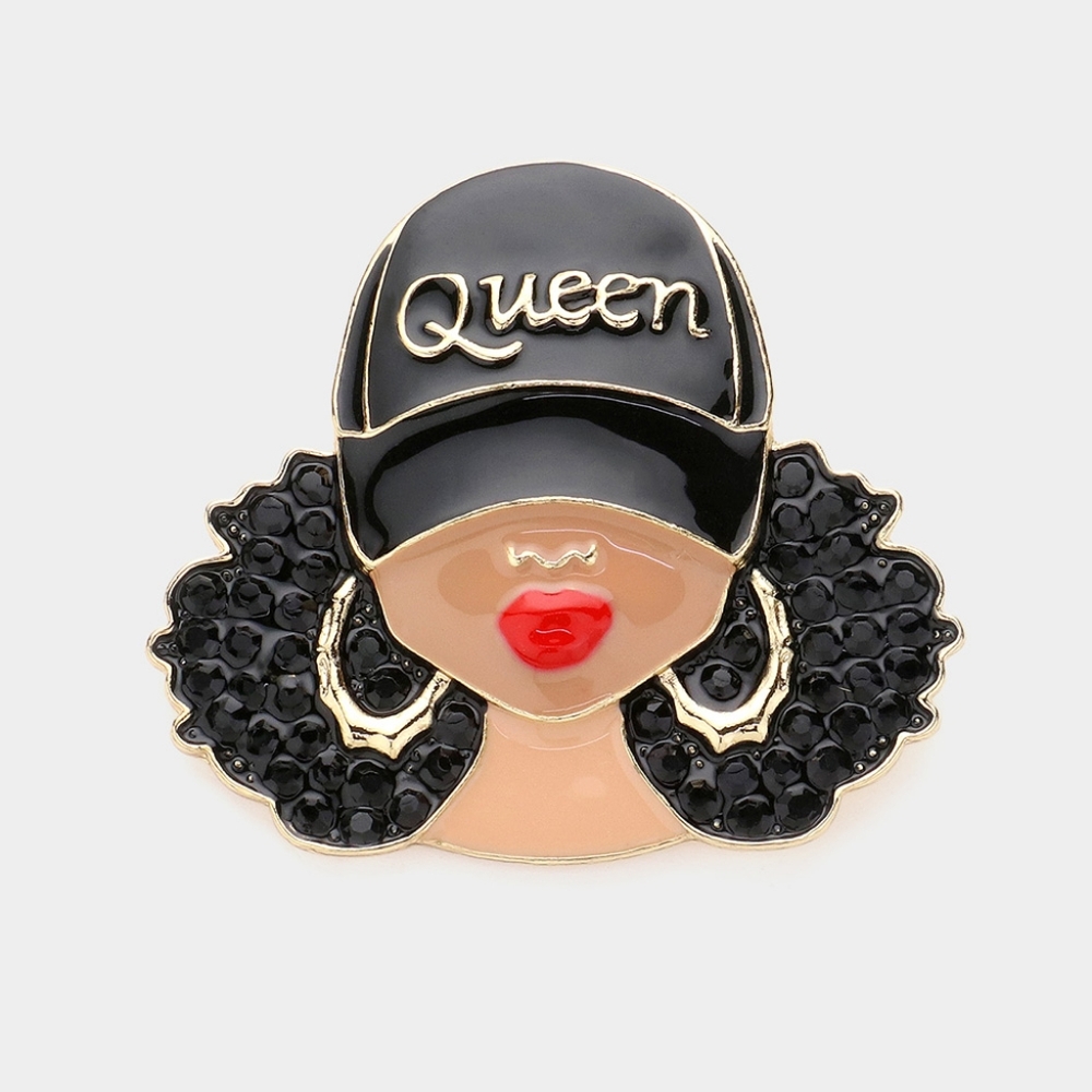 Gold QUEEN Black Girl Magic Hoops Afro Hat Worded Statement Brooch Pin